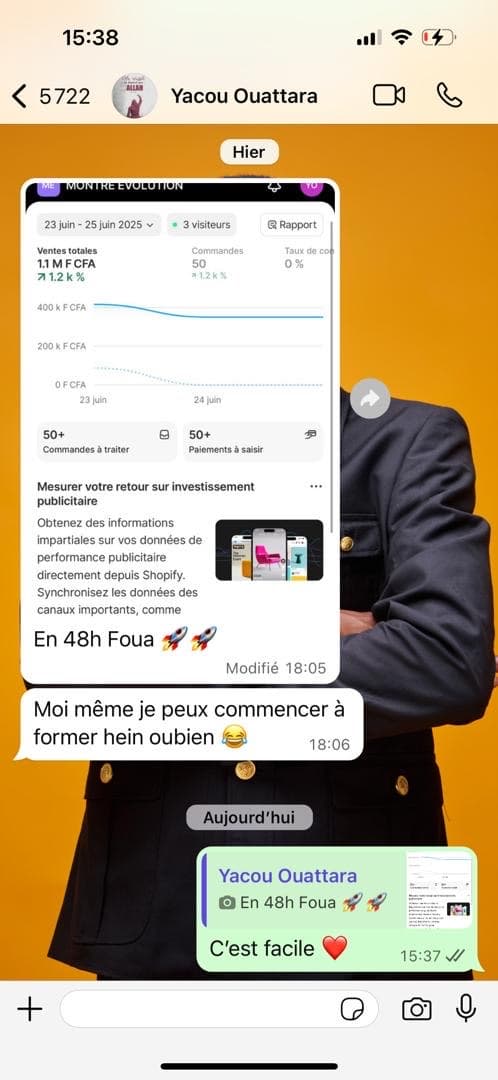 Capture WhatsApp d’un résultat client : tableau de ventes et échange de messages.
