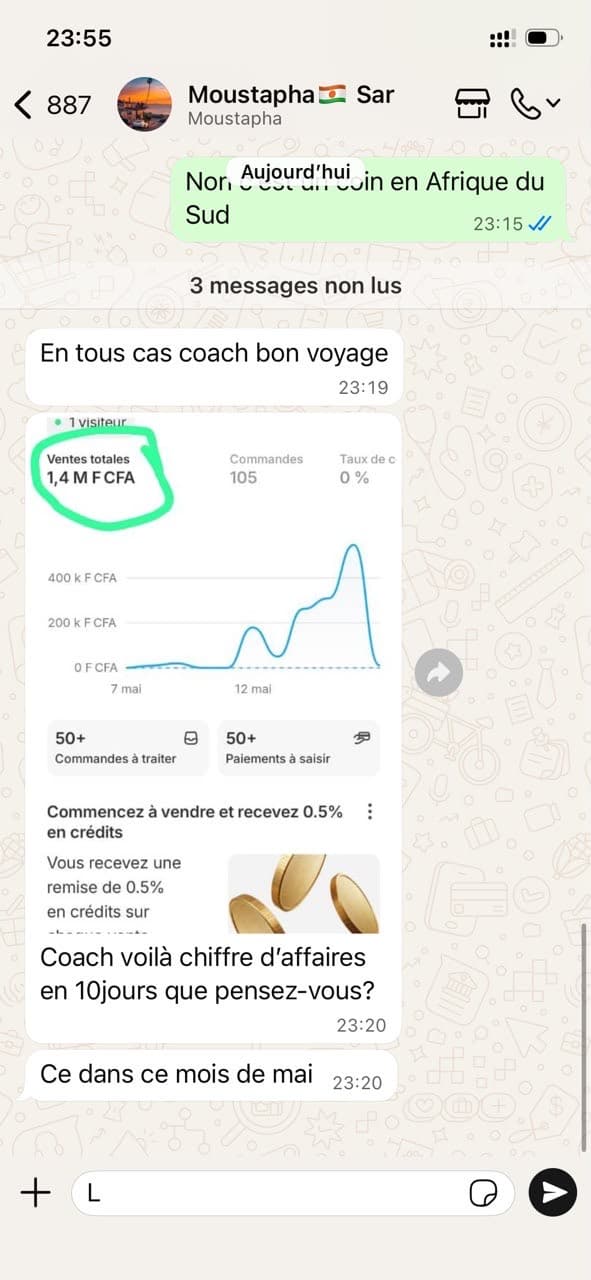 Capture WhatsApp d’un résultat client : évolution des ventes et messages transmis.